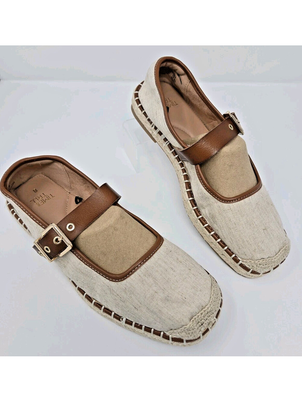 Time and Tru Brown Canvas Mary Jane Espadrille Flats Memory Foam